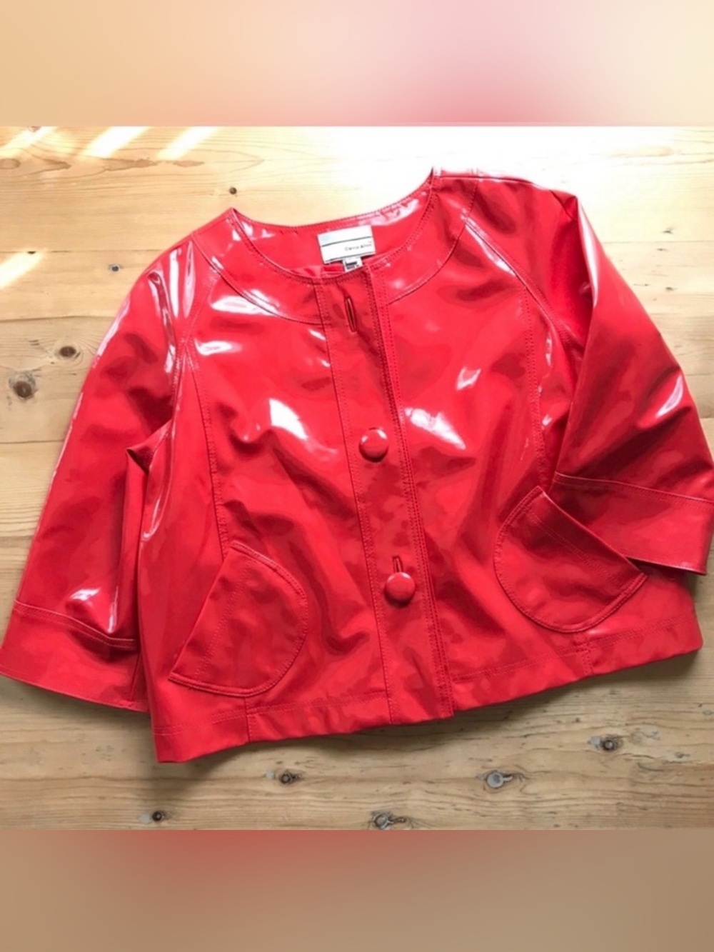 Vintage Red Rain Jacket Large Carrie Allen Short Shiny Swing Coat EUC